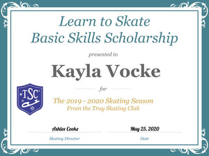 Troy Skating Club's 2019-2020 Learn to Skate Basic Skills Scholarship recipient