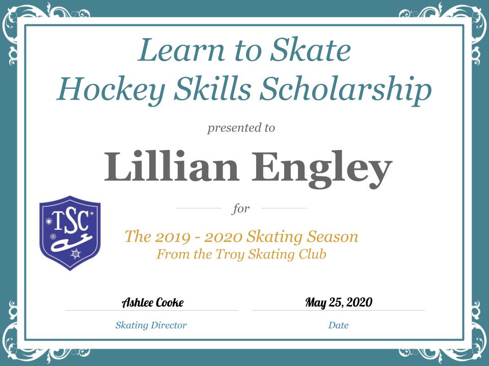 Troy Skating Club's 2019-2020 Learn to Skate Hockey Skills Scholarship recipient