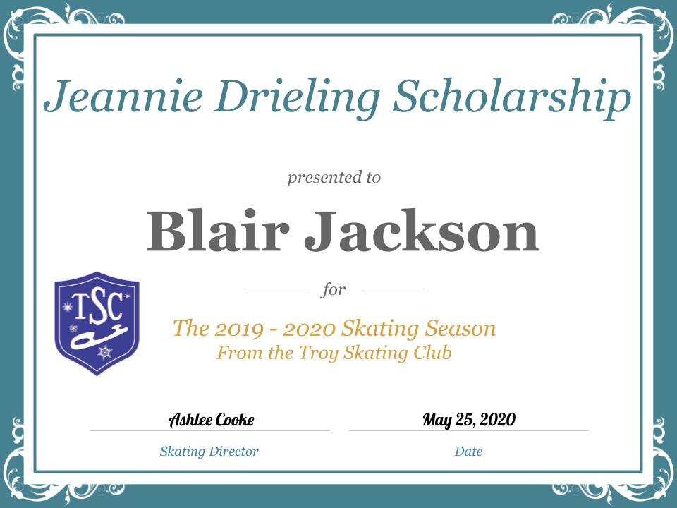 Troy Skating Club's 2019-2020 Jeannie Drieling Scholarship recipient