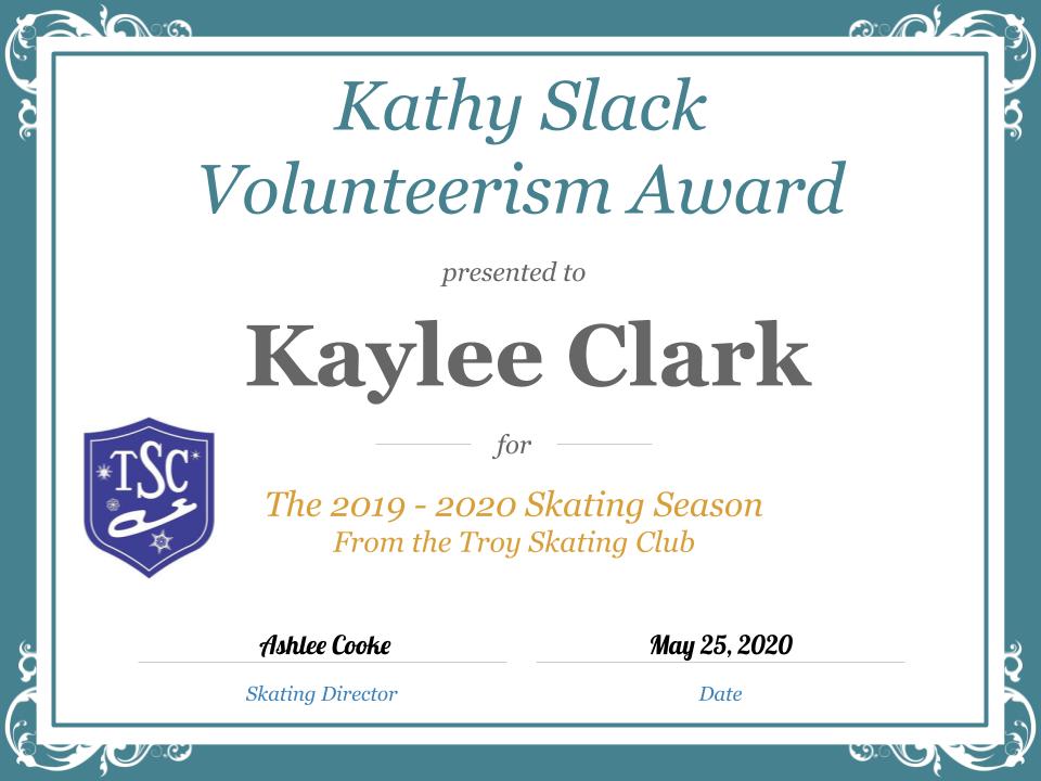 Troy Skating Club's 2019-2020 Kathy Slack Volunteerism Award recipient